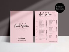 two pink menus with black lettering on the front and back, sitting next to each other