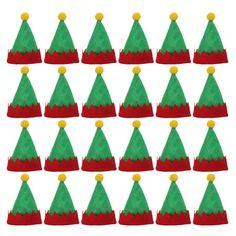 many green and red christmas trees with yellow top hats on white background stock photo - budget conscious