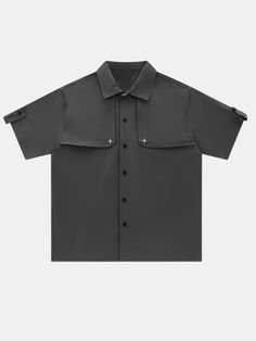 Available in black and gray Short sleeve shirt Loose fit Polyester ﻿ Imported Ships FREE Washed Black Tops With Pockets For Work, Black Button-up Shirt For Streetwear, Black Shirt With Pockets For Work, Gray Oversized Tops With Pockets, Black Edgy Tops With Pockets, Modern Black Short Sleeve Tops, Gray Relaxed Fit Button-up Top, Oversized Black Button-up Shirt, Black Relaxed Fit Button-up Shirt