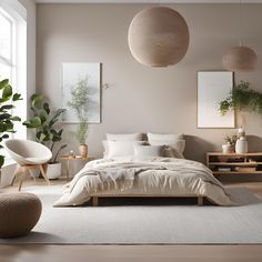 a bedroom with white linens and plants in the corner, along with two round lamps