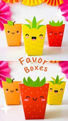 some paper strawberries and pineapples are sitting in the shape of boxes with faces on them