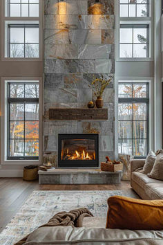 40 Rustic Fireplaces With Windows on Each Side for a Warm Ambiance Fireplace With Windows On Each Side, Fireplace Windows, Stone Fireplace Wall, Mountain Home Interiors, Family Room Fireplace, Living Room Redo, Living Room Decor Fireplace, Rustic Fireplaces