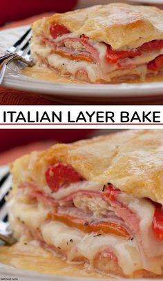 two plates with different types of food on them and the words italian layer bake