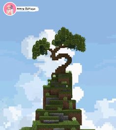 an image of a pixellated tree on top of a hill with stairs leading up to it