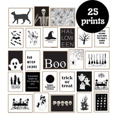 halloween printables are displayed in black and white with the words 25 prints below them