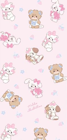 a pink wallpaper with teddy bears and hearts on it's side, all in different colors