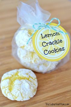 lemon crackle cookies are sitting on a table next to a bag with the label