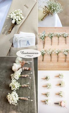 wedding flowers and boutonnieres are arranged on the table