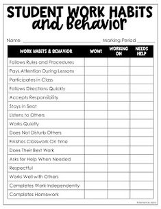 the student work habit and behavior chart is shown in this printable worksheet