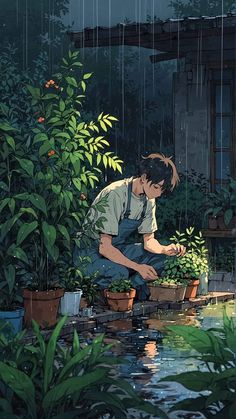 a person kneeling down in the rain with potted plants