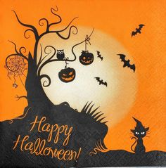 an orange halloween card with black cats and pumpkins