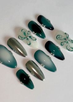 #fyp #nails #green #greennails #acrylic #acrylicnaildesigns Blue Green And Black Nails, Kawaii Nail Art Designs, Dark Green Spring Nails, Monstera Plant Nails, Simple Pattern Nails, Dark Cute Nails, Black Designed Nails, Dark Green Jelly Nails, Green 3d Nails