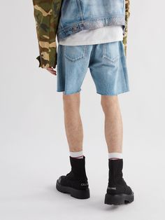 Hedi Slimane brings an edge of classic Americana to CELINE HOMME's ' Wesley' shorts. They're cut from distressed denim with frayed hems to create an authentic vintage feel. The back leather patch is left unadorned for a clean, unbranded look. Denim Shorts For Men, Classic Americana, Italian Luxury Brands, Shorts For Men, Distressed Denim Shorts, Light Blue Denim, Leather Patches, Mr Porter, Distressed Denim