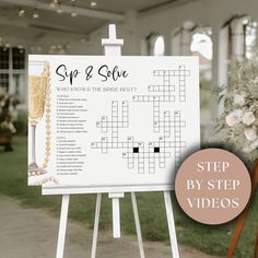 a crossword puzzle board with the words sip and solve on it next to a floral arrangement