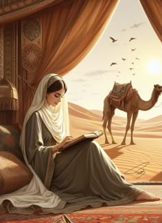 a woman sitting on top of a bed next to a camel