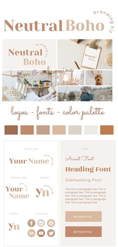 the website design for neutral boho is shown in brown, white and tan colors