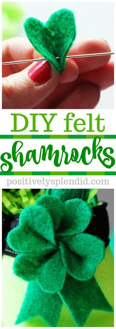 two pictures showing how to make felt shamrocks with the words diy felt shamrocks