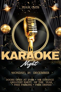 karaoke night flyer template with microphone and gold confetti on black velvet background