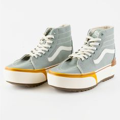 Brand New With Tags In Box High Top Vans, Gray, Platform, Women’s Size 9, Men’s Size 7 1/2 High Top Shoe, Platform Shoe, Vans Sk8 Hi, High Top Vans, Aesthetic Shoes, Swag Shoes, Sk8 Hi, Vans Sk8, Womens Vans