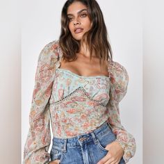 Please See Photos For Description Patterned Floral Print Top For Party, Patterned Floral Print Party Top, Floral Print Patterned Party Tops, Spring Baroque Print Long Sleeve Tops, Fitted Paisley Print Blouse For Spring, Fitted Paisley Print Tops For Spring, Backless Turtleneck, Black Bodysuit Longsleeve, Strapless Bodysuit