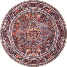 a round rug with an ornate design on the center and sides, in red, blue,