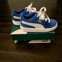 Kids Blue Puma Suede Shoes 9c - Never Used Casual Blue Sneakers For Playtime, Blue Sneakers With Soft Sole And Round Toe, Blue Slip-on Sneakers With Soft Sole, Blue Puma Sneakers With Round Toe, Blue High-top Puma Sneakers, Puma Suede Shoes, Puma Blue, Puma Suede, Puma Shoes