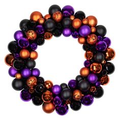 a wreath made out of black, orange and purple balloons with basketballs on them