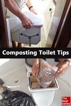 a man is dumping toilet paper into a trash can with the words composting toilet tips on it