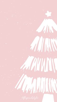 a white christmas tree on a pink background with snow flakes in the shape of mountains