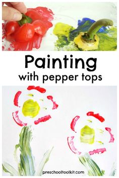 two pictures with the words painting with paper tops and flowers painted on them in different colors