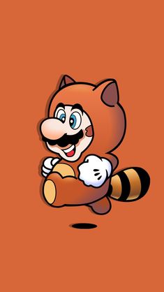 an orange background with a cartoon character holding a raccoon on it's back