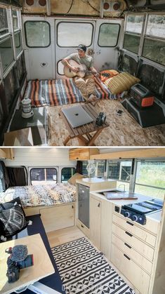 there are two pictures of the inside of a camper with beds and desks