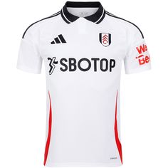 a white soccer jersey with black and red stripes