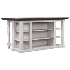 a white bookcase with two shelves on the top and one shelf below it, in front of a white background