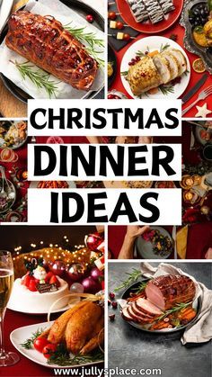 christmas dinner ideas with pictures of food and drinks on the table in front of them