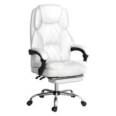 a white office chair with black trimmings on the arms and back, sitting in front of a white background