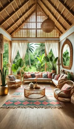 a living room filled with lots of furniture and plants on top of a wooden floor