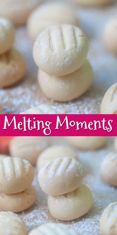 the words melting moments are overlaid with small white cookies and powdered sugar on top