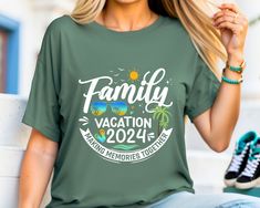 Get ready for your 2024 family vacation in style with these matching family vacation shirts! Perfect for creating lasting memories together, these shirts feature a fun design that will make your vacation photos even more special. -- HOW TO BUY -- * Please check all color and size charts * Choose Style - Size * Choose Color * Add your Personalization * Add each Shirt to the Cart separately * Go to Cart and complete your order -- PROCESSING TIME --      1 / 3 business days    (From Monday To Frida Custom Print T-shirt For Family Outings In Summer, Casual T-shirt For Family Reunion Vacation, Relaxed Fit Family Matching T-shirt For Vacation, Family Matching Relaxed Fit T-shirt For Vacation, Family Matching Graphic T-shirt For Vacation, Vacation Letter Print Tops For Family Reunion, Short Sleeve Tops For Family Reunion And Vacation, Short Sleeve Tops For Family Reunion Vacation, Summer Tops For Family Outings With Crew Neck