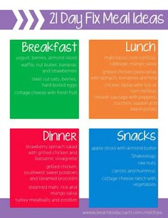 the 21 day fix meal ideas list is shown in purple, orange and green colors