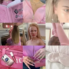 a collage of photos with pink clothes and accessories on them, including cell phones