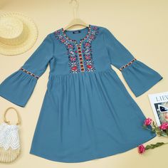 Women's Boho Dress V-Neck Flare Sleeve Embroidery Floral Bohemian Dress Beach Travel Mini Dresses Summer V-neck Dress With Geometric Embroidery, Spring V-neck Dress With Geometric Embroidery, V-neck Boho Dress With Floral Embroidery For Vacation, Embroidered V-neck Boho Dress For Vacation, Casual Boho Dress With Floral Embroidery V-neck, V-neck Embroidered Dress For Beach With Embroidered Hem, Multicolor Embroidered Folk Dress With V-neck, Folk Style V-neck Dress For Vacation, Folk Style V-neck Dress With Floral Embroidery