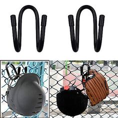 three different types of handbags hanging on a chain link fence, one in black and the other in brown