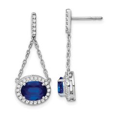 Made in 14 karat white gold, these September birthstone dangle earrings will certainly add an extra chic to your special day attire. Showcases 3.1 cttw lab created blue sapphires with 0.324 cttw diamonds to give a dazzling look. These 29.2x11mm earrings have post and push back clasps security. Size: one size. Gender: female. Age Group: adult. Formal Dangle Diamond Earrings With Halo Setting, Formal 14k White Gold Jewelry With Matching Earrings, Formal Dangle Jewelry With Halo Design, Sapphire Birthstone, Sapphire And Diamond Earrings, Fancy Earrings, Diamond Dangle Earrings, September Birthstone, Diamond Drops