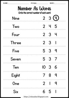 numbers as words worksheet