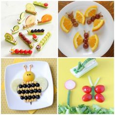 four different pictures with fruits and vegetables in the shape of bugs, bee, oranges, carrots, lemons, grapes, watermelon