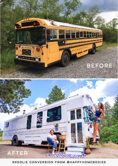 before and after photos of a school bus converted into a camper