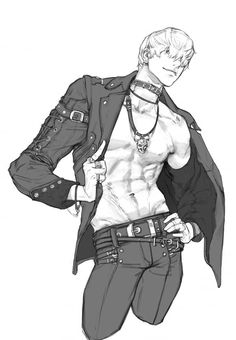 a drawing of a man in black and white clothes with his shirt open, wearing a leather jacket