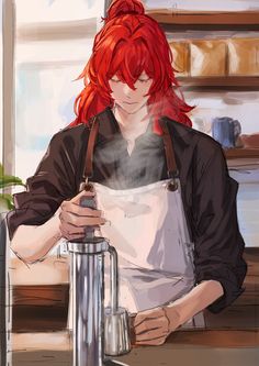 a woman with red hair and an apron is holding a blender in her hands