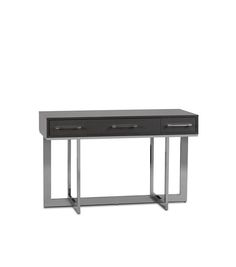 a black and silver desk with two drawers on one side, an open drawer on the other